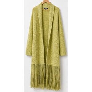 NC Womens Small Oversized Fringe Cardigan Yellow Boho Open Front Cozy Duster